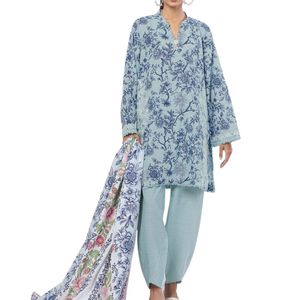 ชุดเสื้อผ้าสตรีสีฟ้าพิมพ์ลาย วิสโคสผสม ดีไซน์สดใส ตะเข็บทนทาน ชุด 3 ชิ้น - Product Image 5