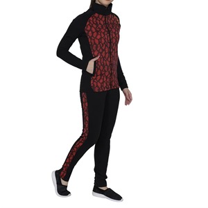 Ensemble deux pièces pour femme, noir et rouge, imprimé géométrique, veste à col montant entièrement zippée, pantalon legging à empiècements latéraux, tenue de sport athlétique - Product Image 5