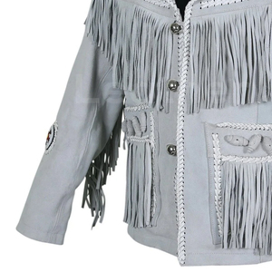 Chaqueta de cuero de gamuza estilo occidental personalizada para mujer con flecos y bordados, manga larga, cuello vuelto, para otoño. - Product Image 4