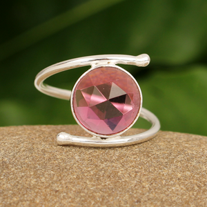 Handmade 12mm Pink Tourmaline <b>Quartz</b> Women's 925 Sterling Silver <b>Ring</b> Rose Cut Rhodium Plated Trendy Party Fine Jewelry - Product Image 1