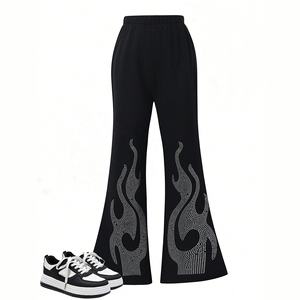 Pantalon de jogging pour femme, style décontracté, taille haute, en coton épais, avec perles et strass, coupe évasée, logo personnalisé - Product Image 1