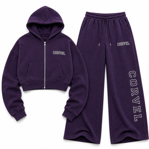 Ensemble de survêtement en molleton épais style urbain avec sweat à capuche court zippé et pantalon de survêtement oversize à jambes larges, personnalisable avec logo, pour l'hiver et l'automne - Product Image 3