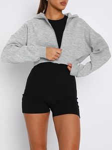 Vente en gros : Sweat à capuche court zippé en polaire uni, haute qualité, à épaules tombantes, pour le sport et le fitness, vêtement de sport pour femme - Product Image 2