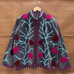 Luxury Gray <b>Velvet</b> Embroidered Suzani <b>Jacket</b> with Floral Print Full Sleeve Stand Collar Handmade Bohemian Autumn Coat - Product Image 1