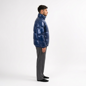 Chaqueta Acolchada Azul para Hombre, Cortavientos, Rellena de Plumón, Abrigo Casual de Invierno, Cuello Alto, Cierre de Cremallera Frontal, Corte Regular, Color Sólido - Product Image 3