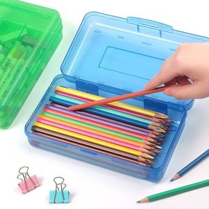 1 Pack Clear <b>Plastic</b> Pencil <b>Box</b> with Snap-Tight Lid <b>Large</b> Capacity Stackable Storage Bin Stylish Office Supply - Product Image 1