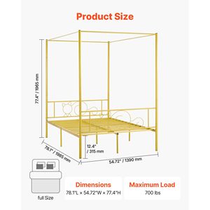 Robusto Letto a Baldacchino in Metallo a Grandezza Naturale con Design Minimalista a Quattro Pali e Supporto con Doghe in Acciaio Resistente - Product Image 2