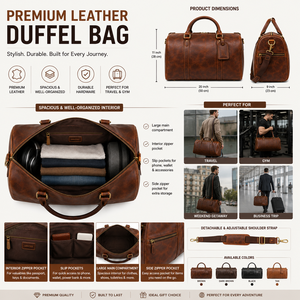 Bolsa de Viaje de Cuero Genuino Premium, Estilo Vintage, para Gimnasio o Fin de Semana, con Cierre de Cremallera, Gran Capacidad, Correa Ajustable, Hecha a Mano - Product Image 6