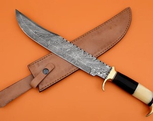 Couteau de chasse à lame fixe en acier Damas fait main, pointe tombante, manche en os, étui en cuir, couteau de survie pour l'extérieur - Product Image 2