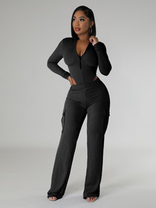 Combinaison rayée longue pour femme avec fermeture éclair et poches latérales, tenue décontractée grande taille, idéale pour le printemps - Product Image 5
