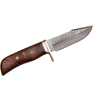 Cuchillo de caza de hoja fija de acero de Damasco con mango de madera, punta caída y filo recto de grosor. - Product Image 2