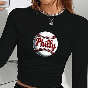 Philly Baseball – haut court à manches longues pour femmes, col rond, imprimé, mode Y2K, coupe régulière, en spandex et polyester - Product Image 2