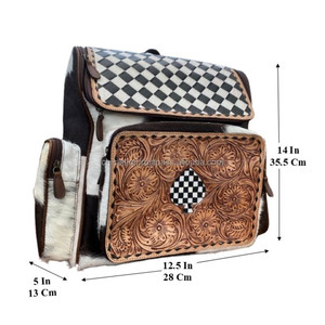 2025 Fashion Brand Hand Tooled <b>Leather</b> Zipper Closure Floral <b>Designer</b> Checkered <b>Backpack</b> for Women & <b>Men</b> Cowhide Travel Bags - Product Image 2