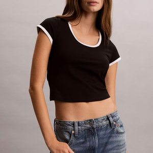 T-shirt court pour femme, col profond, pour entraînement en extérieur, course à pied, rembourré, écologique, fitness, coupe ajustée, crop top - Product Image 6