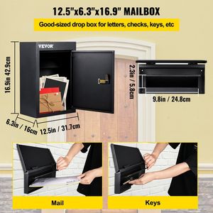 Black Wall Mount Mailbox lettere antipioggia 12.5 "x 6.3" x 16.9 "" Drop Box W/regolabile Chute Code lucchetto per le chiavi dell'home Office in affitto - Product Image 6