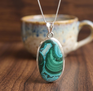 Pendentif en Chrysocolle et Malachite Naturelle, Argent Sterling 925, Bijou Fait Main en Pierre Précieuse, Plaqué Or Rose et Jaune, Cristal de Guérison - Product Image 2