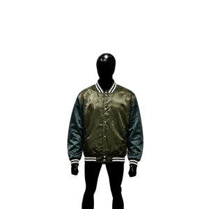Chaqueta Varsity Personalizada en Satén Verde Oliva y Verde Azulado Oscuro, Chaqueta Bomber de Béisbol Brillante Premium con Mangas en Contraste a Rayas Blancas y Negras - Product Image 1