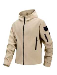 Chaqueta de Forro Polar con Capucha para Hombre, Color Sólido, Cierre de Cremallera, Resistente al Viento, Informal, para Otoño, Corte Regular, Beige - Product Image 1