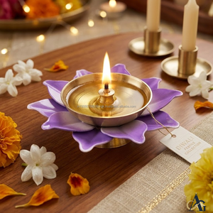 AG Elements Diya en laiton de qualité supérieure, 3 pouces, fait main, résistant à la chaleur, lampe à huile, motif pétale violet, pour la décoration de la maison, du temple et de Diwali - Product Image 1
