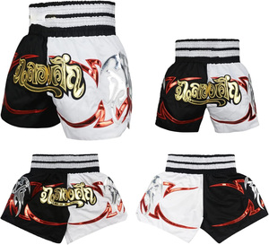 Shorts de Muay Thai pour hommes, noir, blanc, or, imprimé en feuille métallisée, satin, séchage rapide, taille élastique, mi-longueur - Product Image 2