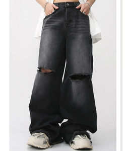 กางเกงยีนส์เดนิมทรงหลวมสไตล์ลำลองสำหรับผู้ชาย แบบขายส่งสั่งทำพิเศษ ล้างสีแบบแอซิดวอช ขาดเซอร์ๆ ระบายอากาศได้ดี - Product Image 5