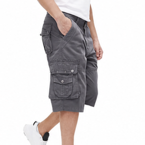 Shorts cargo pour hommes 100% coton, décontractés, pour l'été, la randonnée, taille élastique, décoration numérique vintage, couleur unie, longueur genou - Product Image 1