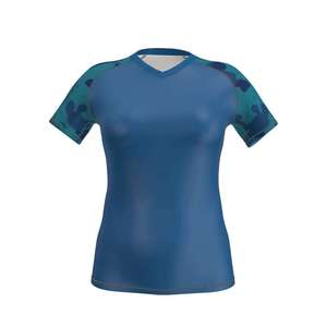 เสื้อรัดรูปแขนสั้นคอวีสำหรับผู้หญิง สีน้ำเงินลายพราง สำหรับออกกำลังกาย - Product Image 1