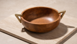 Walnut Finished <b>Mango</b> <b>Wood</b> Serving <b>Bowl</b> Round Salad <b>Bowl</b> with Modern Geometric Trapezoid Metal Side Handles - Product Image 5
