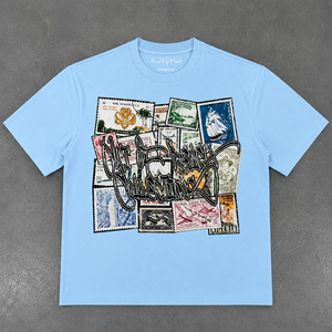 Camiseta Extra Grande con Diseño Personalizado para Hombre, Estampado de Sellos Postales Vintage, Algodón Grueso, Estilo Urbano Informal, OEM ODM - Product Image 5