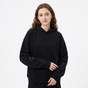 Sweat-shirt à capuche noir surdimensionné avec broderie d'étoiles en strass sur les manches, unisexe, décontracté, en coton tricoté, pour l'automne - Product Image 6