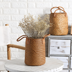 Panier en jonc de mer naturel tressé à la main avec poignées – Sac de rangement polyvalent style bohème vintage pour la décoration intérieure - Product Image 5