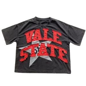 T-shirt unisexe Vale State Distressed Patch 2026 Charcoal Black Oversized Red Frayed Urban Streetwear Top HD - Product Image 1