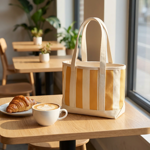 Bolsa de Mano Tipo Tote a Rayas, de Poliéster/Algodón, Amarillo y Blanco, Moderna, Ecológica, Resistente al Agua, Tejida, para Regalo Promocional - Product Image 4
