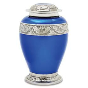 Urne funéraire artisanale de haute qualité, couleur violet royal, pour cendres humaines, élégante urne funéraire en métal avec bande gravée argentée - Product Image 6