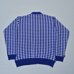 Cárdigan de punto para mujer al por mayor, azul y blanco, con estampado de pata de gallo, cuello en V, manga larga, informal, para otoño, 100% acrílico, con bolsillos, de un solo botón. - Product Image 5
