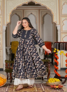 Women's <b>Plus</b> <b>Size</b> Rayon Anarkali Kurta Blue Abstract Printed Round Neck Three Quarter Sleeves Comfortable Daily Wear - Product Image 2