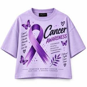 T-shirt court décontracté pour femme Global Stitch, violet, col rond, manches courtes, coupe ample, imprimé, 100 % coton, pour la sensibilisation au cancer - Product Image 1