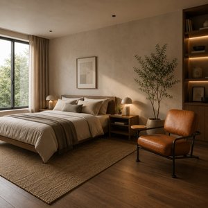Fauteuil lounge en cuir marron cognac de luxe avec structure en métal noir et table d'appoint intégrée pour salon, mobilier d'hôtel - Product Image 3