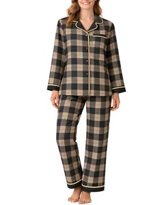 Ensemble de pyjama pour femmes en coton doux à carreaux beige et noir, manches longues, boutonné, vêtements de nuit, ensemble de deux pièces, ensemble confortable pour se détendre - Product Image 1