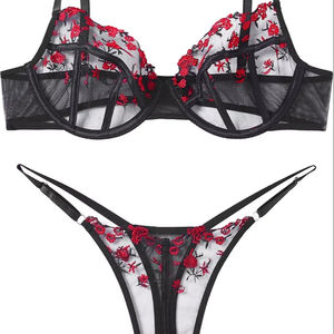 Ensemble de lingerie sexy pour femmes, soutien-gorge et culotte en dentelle, super extensible, bralette transparente - Product Image 1