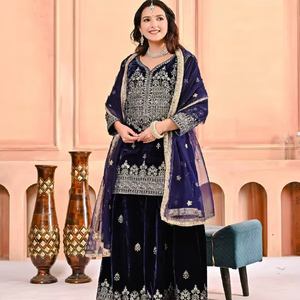 Nuevo Traje Salwar Indio-Pakistaní Azul Oscuro de Georgette Sintético Pesado de Secado Rápido, Corte Recto Moderno con Borde, para Fiesta y Boda, Puro - Product Image 1