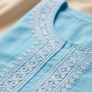 Traje de Algodón Organza Chikankari Azul Cielo para Mujer, Conjuntos de Trajes Elegantes para Mujer - Product Image 5