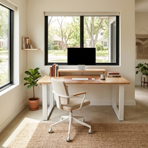 Bureau de direction moderne en bois massif avec étagère surélevée pour écran, cadre en métal blanc, table ergonomique pour ordinateur et écriture - Product Image 6
