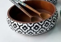 Bol rond en bois de grande taille, de haute qualité, avec autocollant émaillé imprimé, pour servir, mélanger, salade, soupe, fait main, personnalisé.