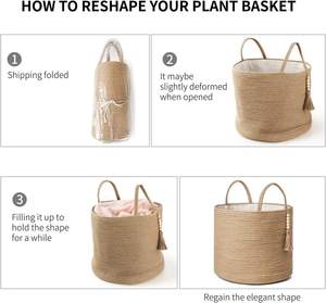 Panier de rangement tressé avec décorations en perles de bois, en corde de jute naturelle, avec poignées, pour couvertures, jouets, vêtements, plantes - Product Image 6