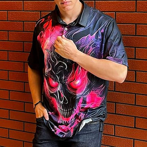 Polo de bowling noir avec motif crâne et drapeau américain, manches courtes, tissu performant, tenue décontractée athlétique pour équipe - Product Image 6