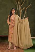 Ensemble de luxe 60x60 en coton pour femme, comprenant un pantalon et une kurta droite, avec col brodé et dupatta assorti