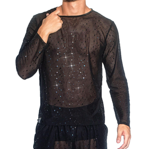 Camiseta de malla transpirable de poliéster para hombre, estilo sexy para discoteca, con hombros caídos y manga larga, ideal para fitness. - Product Image 6