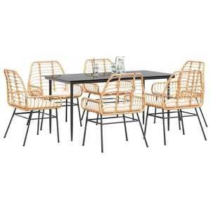 7 Piece Patio Dining Set with Brown Poly <b>Rattan</b> and Glass Garden Sets with <b>Cushions</b> - Product Image 1