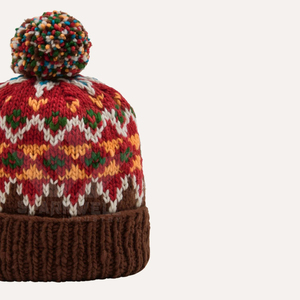 Gorro de Punto a Mano con Patrón Geométrico y Pompón Multicolor, Gorro de Invierno Unisex, Borde Acanalado Marrón, 56-58CM, Estilo Casual - Product Image 3